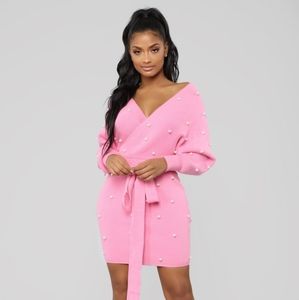 Pink pearled long sleeve sweater dress